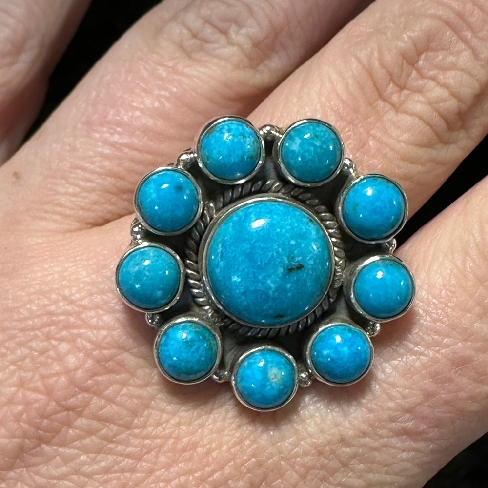 Turquoise & .925 Sterling Silver Floral Cluster Ring Size 10.5